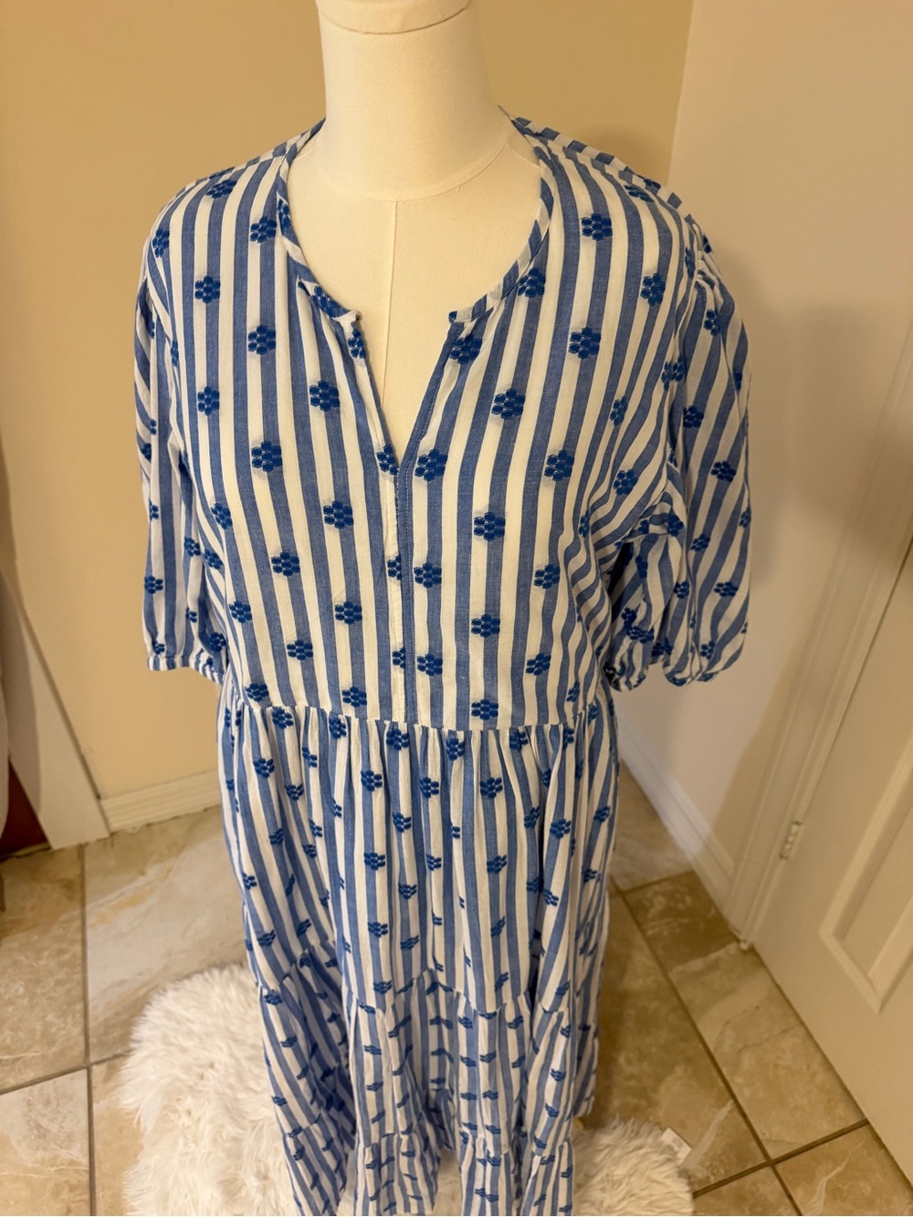 Oliphant Blue and White Striped Floral Midi Dress